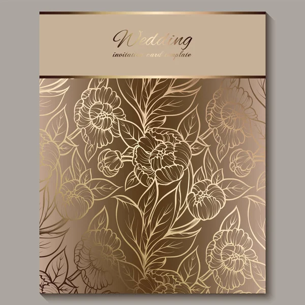 Exquisite royal luxury wedding invitation, gold floral background with frame and place for text, lacy foliage made of roses or peonies with golden shiny gradient. — Stock Vector