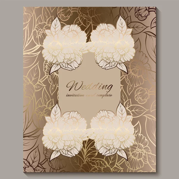 Exquisite royal luxury wedding invitation, gold floral background with frame and place for text, lacy foliage made of roses or peonies with golden shiny gradient. — Stock Vector