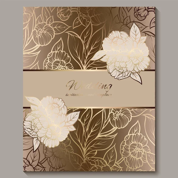 Exquisite royal luxury wedding invitation, gold floral background with frame and place for text, lacy foliage made of roses or peonies with golden shiny gradient. — Stock Vector