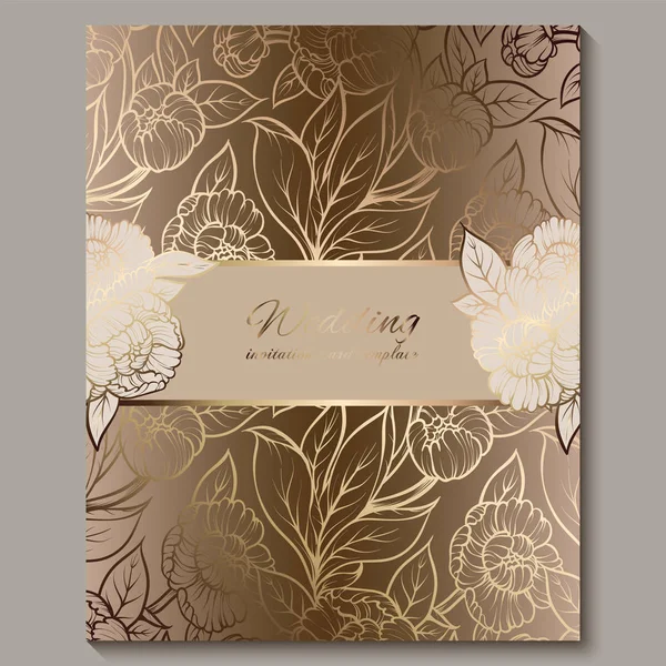 Exquisita invitación de boda de lujo real, fondo floral dorado con marco y lugar para el texto, follaje de encaje hecho de rosas o peonías con degradado dorado brillante . — Vector de stock