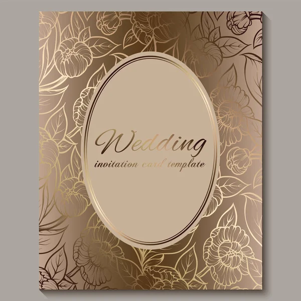 Exquisite königliche Hochzeitseinladung, goldener floraler Hintergrund mit Rahmen und Platz für Text, Spitzenblätter aus Rosen oder Pfingstrosen mit goldenem Glanzverlauf. — Stockvektor