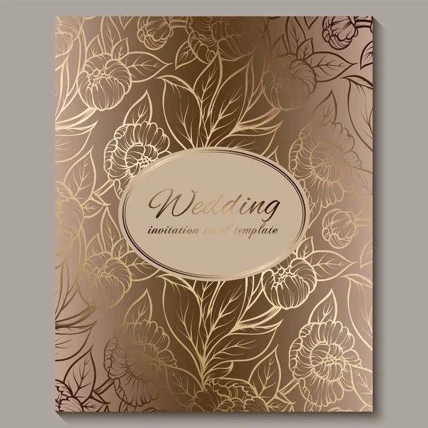 Exquisite royal luxury wedding invitation, gold floral background with frame and place for text, lacy foliage made of roses or peonies with golden shiny gradient. — Stock Vector