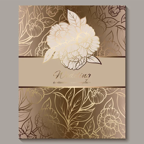 Exquisite royal luxury wedding invitation, gold floral background with frame and place for text, lacy foliage made of roses or peonies with golden shiny gradient. — Stock Vector