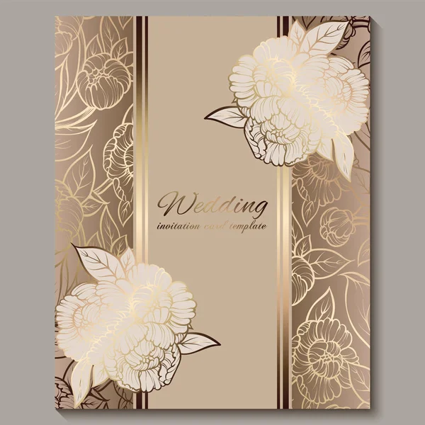 Exquisite royal luxury wedding invitation, gold floral background with frame and place for text, lacy foliage made of roses or peonies with golden shiny gradient. — Stock Vector