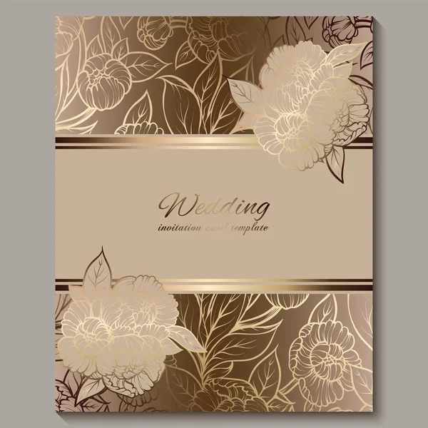 Exquisite königliche Hochzeitseinladung, goldener floraler Hintergrund mit Rahmen und Platz für Text, Spitzenblätter aus Rosen oder Pfingstrosen mit goldenem Glanzverlauf. — Stockvektor