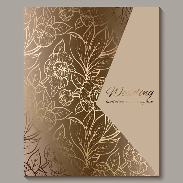 Exquisite royal luxury wedding invitation, gold floral background with frame and place for text, lacy foliage made of roses or peonies with golden shiny gradient. — Stock Vector