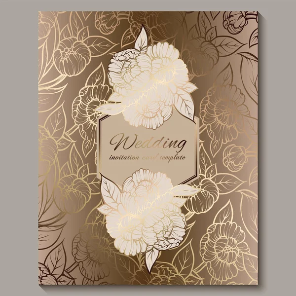 Exquisita invitación de boda de lujo real, fondo floral dorado con marco y lugar para el texto, follaje de encaje hecho de rosas o peonías con degradado dorado brillante . — Vector de stock