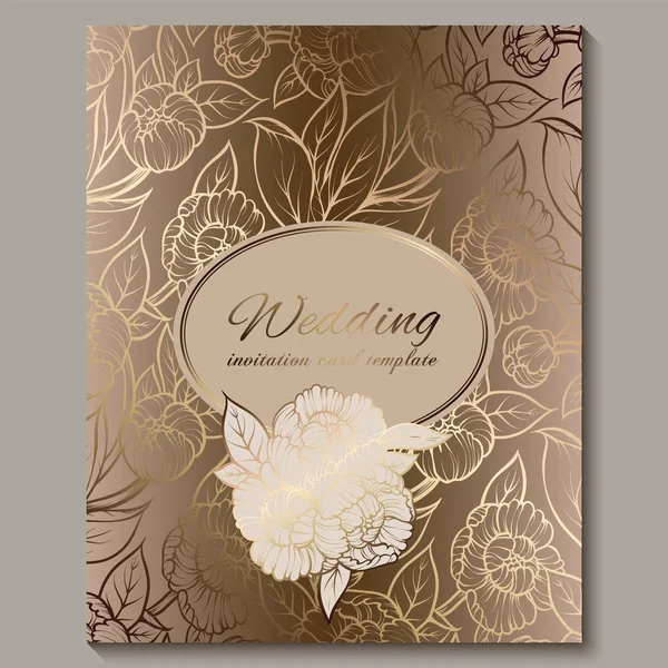 Exquisita invitación de boda de lujo real, fondo floral dorado con marco y lugar para el texto, follaje de encaje hecho de rosas o peonías con degradado dorado brillante . — Vector de stock