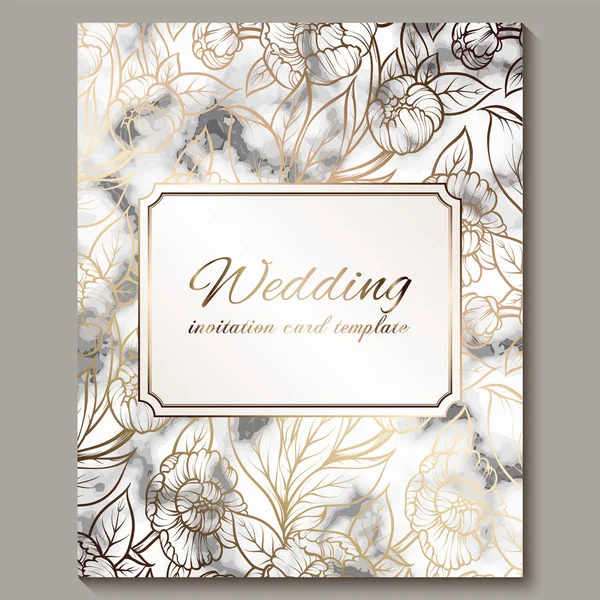 Πολυτελή και κομψά γάμου πρόσκληση κάρτες με μάρμαρο υφή και λάμψη χρυσό φόντο. Προσκλητήριο γάμου μοντέρνα διακοσμημένο με λουλούδια peony — Διανυσματικό Αρχείο