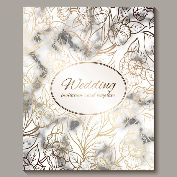 Lyxiga och eleganta bröllop inbjudningskort med marmor textur och guldglitter bakgrund. Moderna bröllopsinbjudan dekorerad med pion blommor — Stock vektor