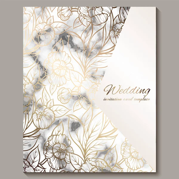 Luxury and elegant wedding invitation cards with marble texture and gold glitter background. Modern wedding invitation decorated with peony flowers — Stock Vector