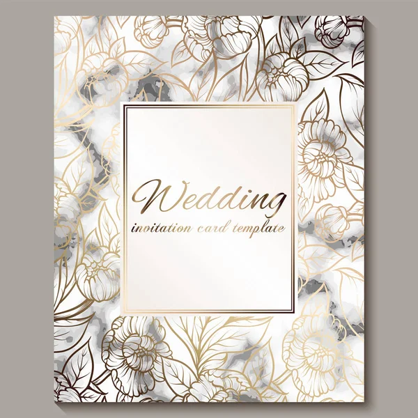 Luxe en elegante bruiloft uitnodigingskaarten met marmeren textuur en goud glitter achtergrond. Moderne Trouwkaart versierd met pioen bloemen — Stockvector