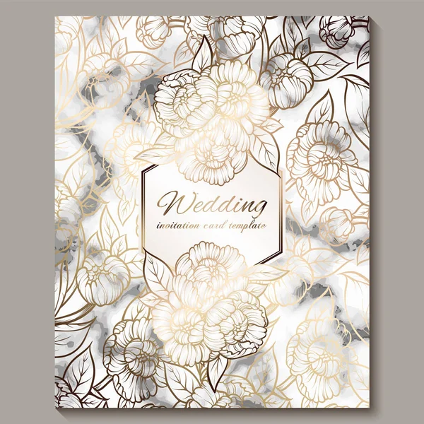 Luxury and elegant wedding invitation cards with marble texture and gold glitter background. Modern wedding invitation decorated with peony flowers — Stock Vector