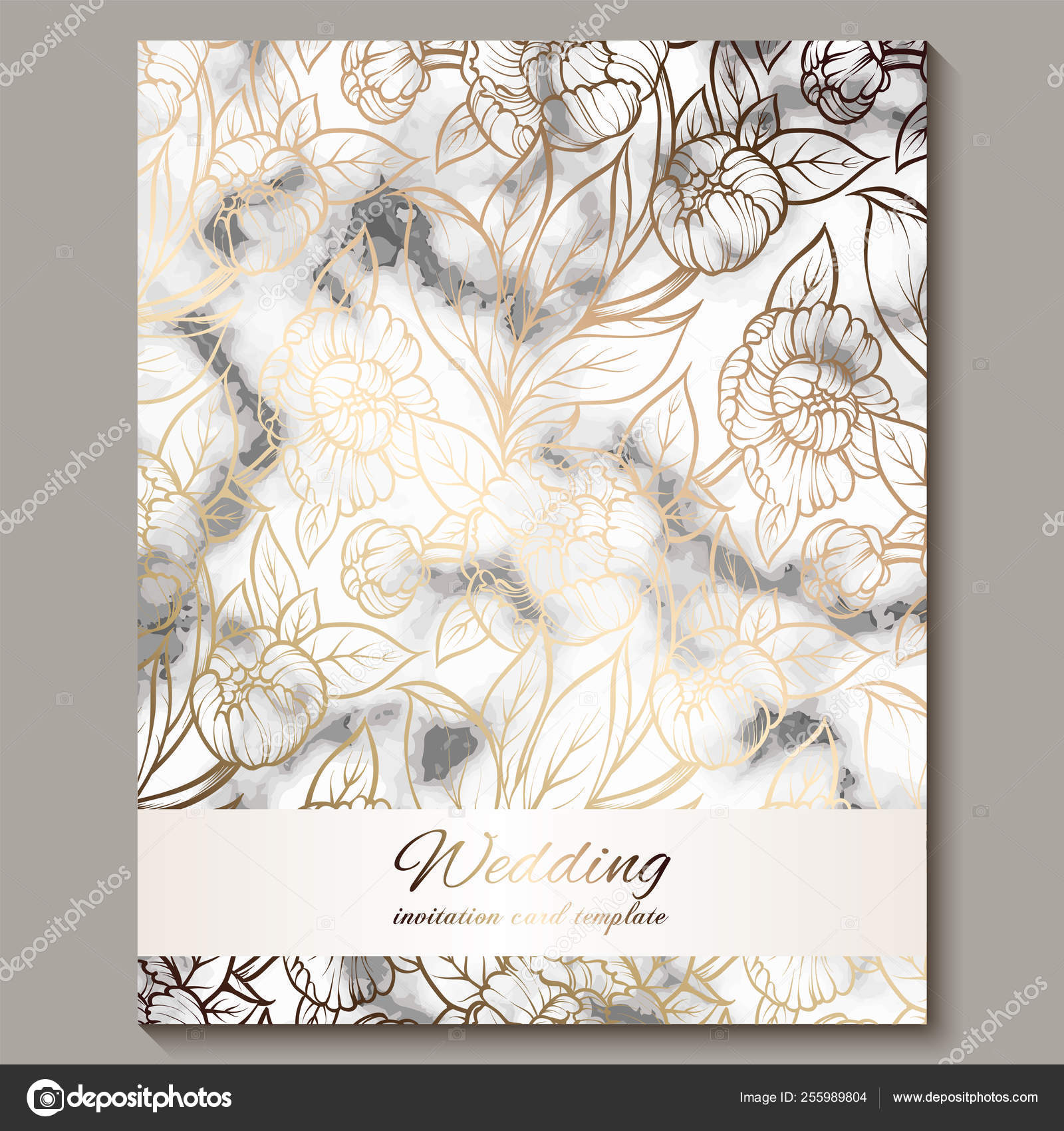 Tarjetas de invitación de boda de lujo y elegantes con textura de mármol y fondo  de brillo dorado. Invitación de boda moderna decorada con flores de peonía  Vector de stock #255989804 de ©, image size:1600x1700