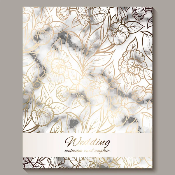 Luxury and elegant wedding invitation cards with marble texture and gold glitter background. Modern wedding invitation decorated with peony flowers — Stock Vector