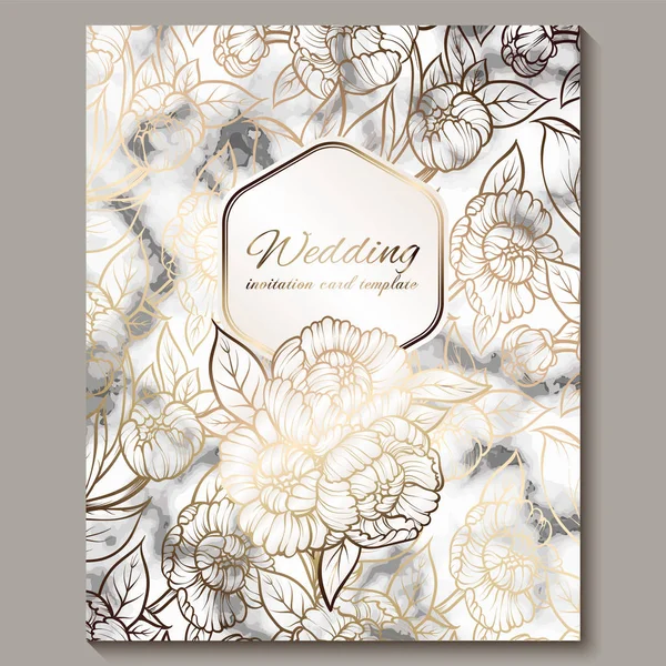 Tarjetas de invitación de boda de lujo y elegantes con textura de mármol y fondo de brillo dorado. Invitación de boda moderna decorada con flores de peonía — Vector de stock