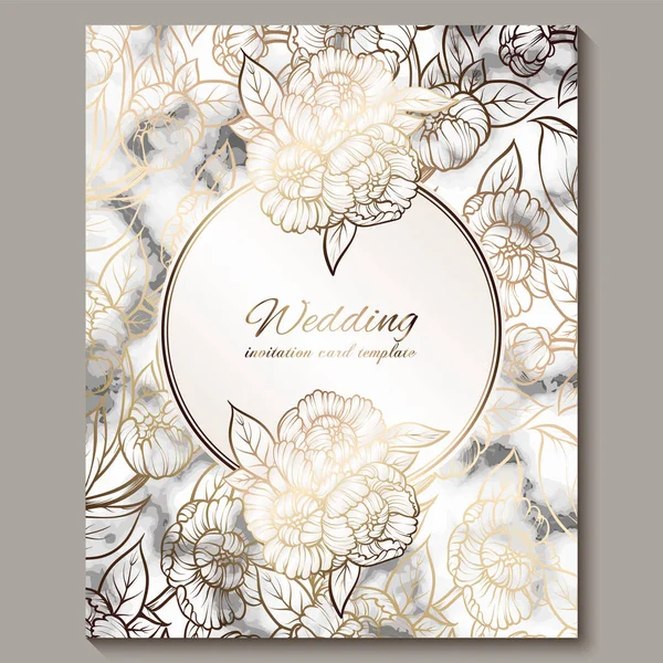 Luxury and elegant wedding invitation cards with marble texture and gold glitter background. Modern wedding invitation decorated with peony flowers — Stock Vector