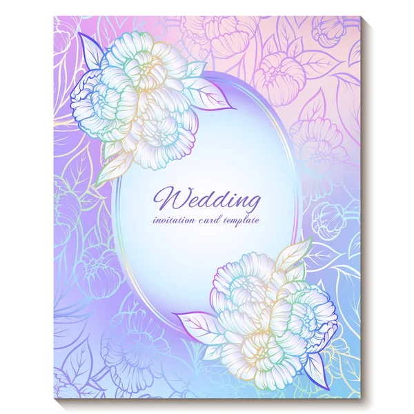 Colorful pastel blue violet pink soft floral bright invitation card with place for text. Abstract aquarelle magic cool colors hand drawn peony flowers design with blur texture background — Stock Vector