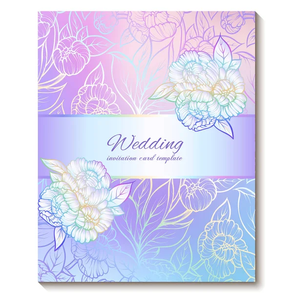 Colorful pastel blue violet pink soft floral bright invitation card with place for text. Abstract aquarelle magic cool colors hand drawn peony flowers design with blur texture background — Stock Vector