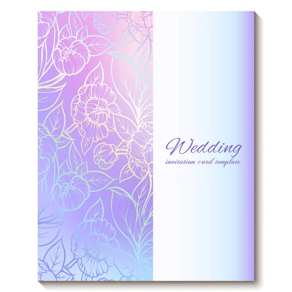 Färgglada pastellblå violett rosa mjukt blommig ljus Inbjudnings kort med plats för text. Abstrakt Aquarelle magi coola färger handritade pion blommor design med oskärpa textur bakgrund — Stock vektor