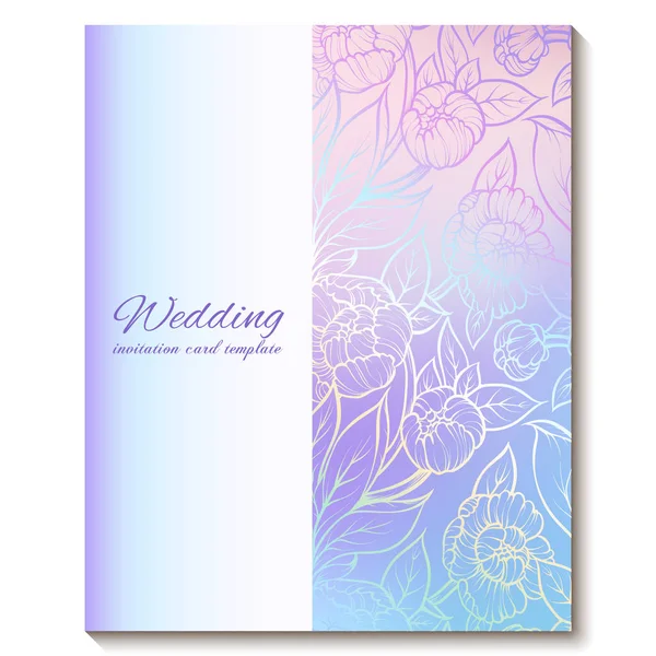 Colorido pastel azul violeta rosa suave floral brillante invitación tarjeta con lugar para el texto. Diseño abstracto de flores de peonía dibujadas a mano de colores frescos de aquarelle mágicos con fondo de textura borrosa — Vector de stock