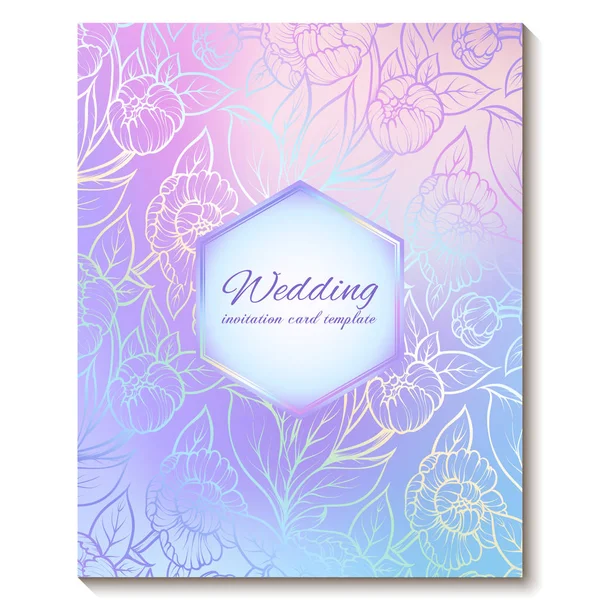 Colorido pastel azul violeta rosa suave floral brillante invitación tarjeta con lugar para el texto. Diseño abstracto de flores de peonía dibujadas a mano de colores frescos de aquarelle mágicos con fondo de textura borrosa — Vector de stock