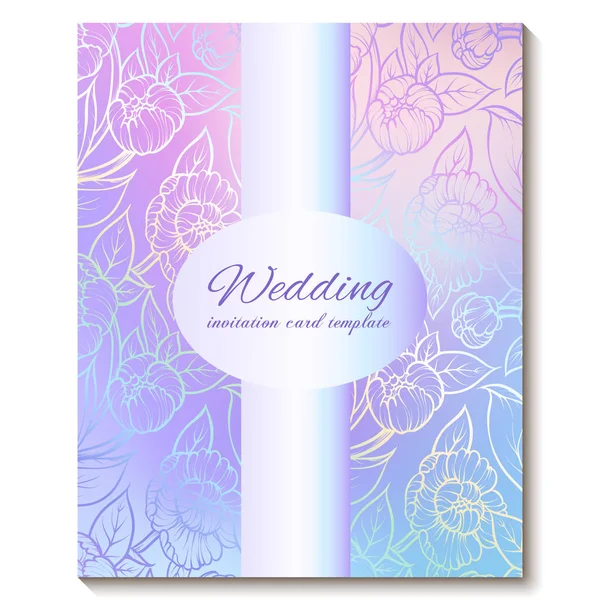 Colorido pastel azul violeta rosa suave floral brillante invitación tarjeta con lugar para el texto. Diseño abstracto de flores de peonía dibujadas a mano de colores frescos de aquarelle mágicos con fondo de textura borrosa — Vector de stock