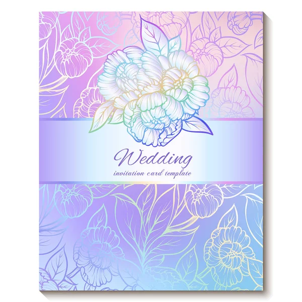 Colorful pastel blue violet pink soft floral bright invitation card with place for text. Abstract aquarelle magic cool colors hand drawn peony flowers design with blur texture background — Stock Vector
