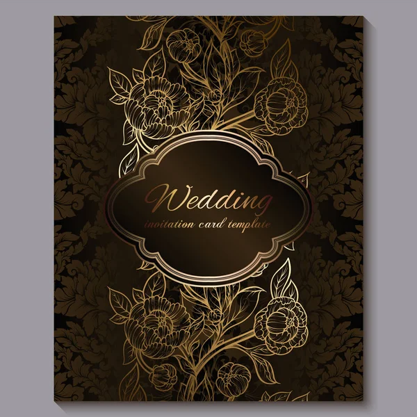 Exquisita invitación de boda de lujo real de chocolate, fondo floral dorado con marco y lugar para el texto, follaje de encaje hecho de rosas o peonías con degradado dorado brillante . — Vector de stock