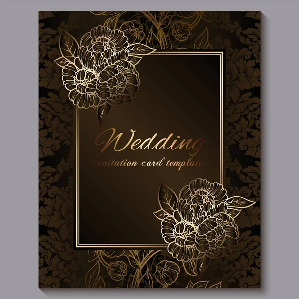 Exquisite chocolate royal luxury wedding invitation, gold floral background with frame and place for text, lacy foliage made of roses or peonies with golden shiny gradient. — Stock Vector