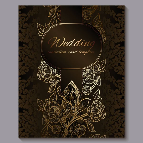 Exquisita invitación de boda de lujo real de chocolate, fondo floral dorado con marco y lugar para el texto, follaje de encaje hecho de rosas o peonías con degradado dorado brillante . — Vector de stock