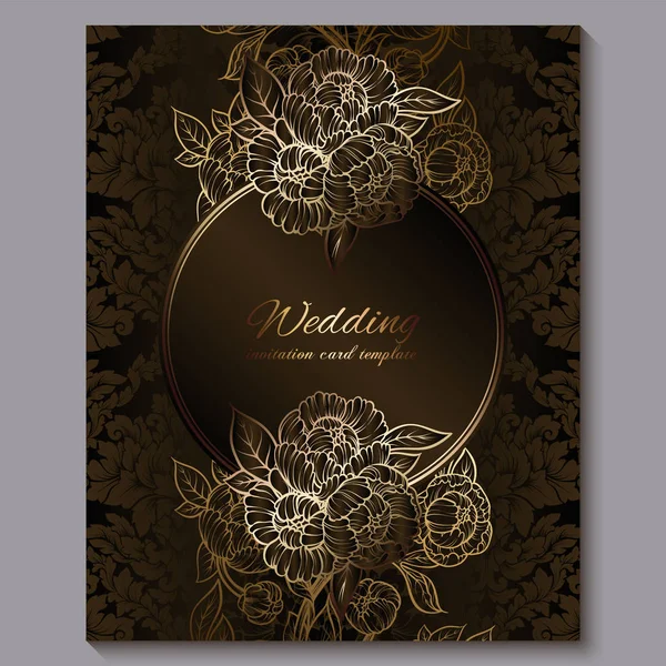 Chocolate requintado convite de casamento de luxo real, fundo floral de ouro com moldura e lugar para texto, folhagem rendada feita de rosas ou peônias com gradiente brilhante dourado . — Vetor de Stock