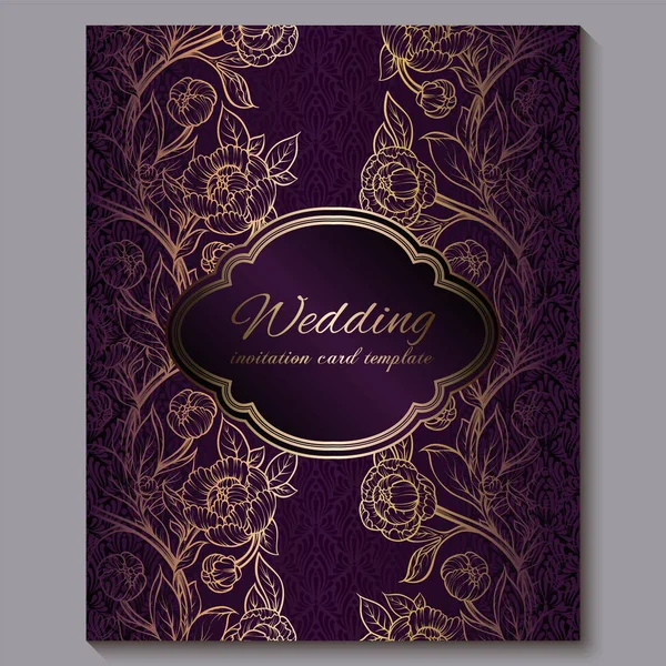 Exquisite royal purple luxury wedding invitation, gold floral background with frame and place for text, lacy foliage made of roses or peonies with golden shiny gradient. — Stock Vector