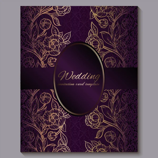 Exquise Royal Purple luxe bruiloft uitnodiging, gouden bloemen achtergrond met frame en plaats voor tekst, Lacy gebladerte gemaakt van rozen of pioenrozen met gouden glanzende gradiënt. — Stockvector