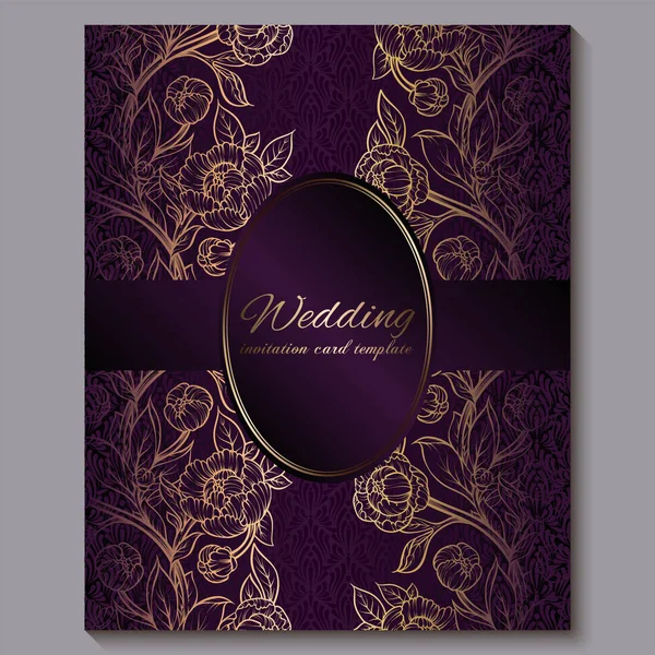 Exquisite real roxo convite de casamento de luxo, fundo floral de ouro com moldura e lugar para texto, folhagem rendada feita de rosas ou peônias com gradiente brilhante dourado . — Vetor de Stock