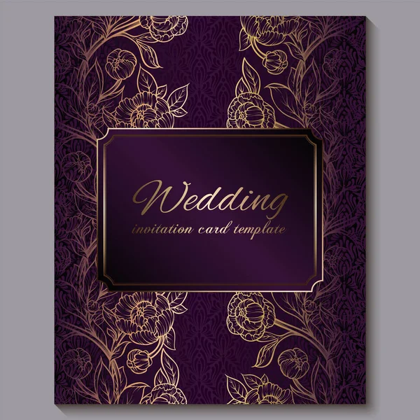 Utsökt Royal Purple lyx bröllop inbjudan, guld blommig bakgrund med ram och plats för text, Lacy lövverk gjorda av rosor eller pioner med gyllene glänsande lutning. — Stock vektor