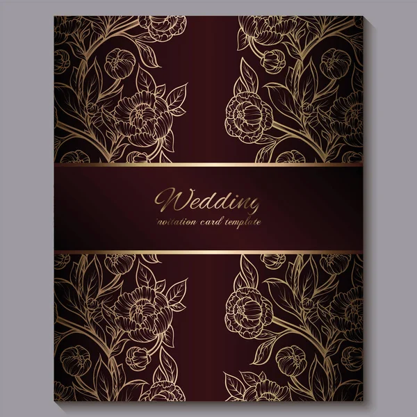 Exquisita invitación de boda de lujo real roja, fondo floral dorado con marco y lugar para el texto, follaje de encaje hecho de rosas o peonías con degradado dorado brillante . — Vector de stock