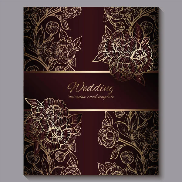 Exquisite vermelho real convite de casamento de luxo, fundo floral de ouro com moldura e lugar para texto, folhagem rendada feita de rosas ou peônias com gradiente brilhante dourado . — Vetor de Stock