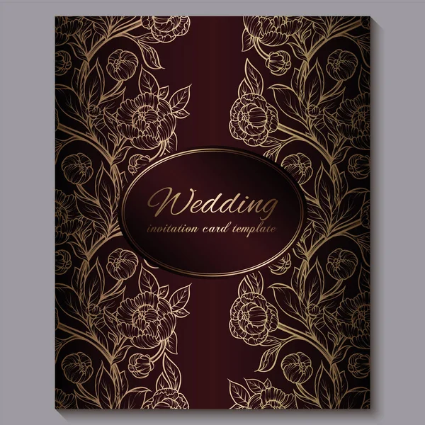 Exquisita invitación de boda de lujo real roja, fondo floral dorado con marco y lugar para el texto, follaje de encaje hecho de rosas o peonías con degradado dorado brillante . — Vector de stock