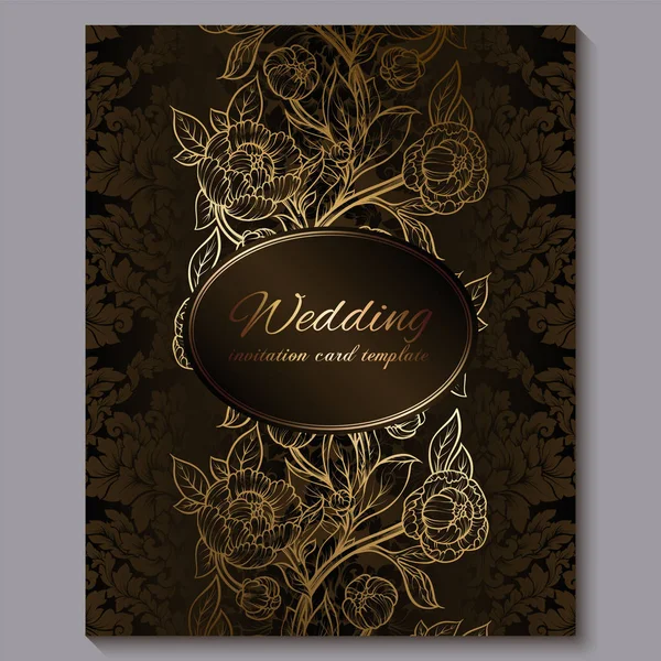 Exquise chocolade Royal luxe bruiloft uitnodiging, gouden bloemen achtergrond met frame en plaats voor tekst, Lacy gebladerte gemaakt van rozen of pioenrozen met gouden glanzende gradiënt. — Stockvector