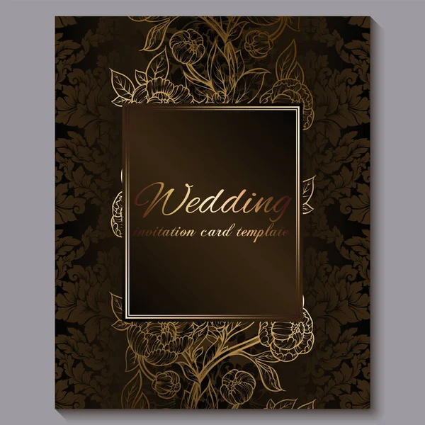 Chocolate requintado convite de casamento de luxo real, fundo floral de ouro com moldura e lugar para texto, folhagem rendada feita de rosas ou peônias com gradiente brilhante dourado . — Vetor de Stock