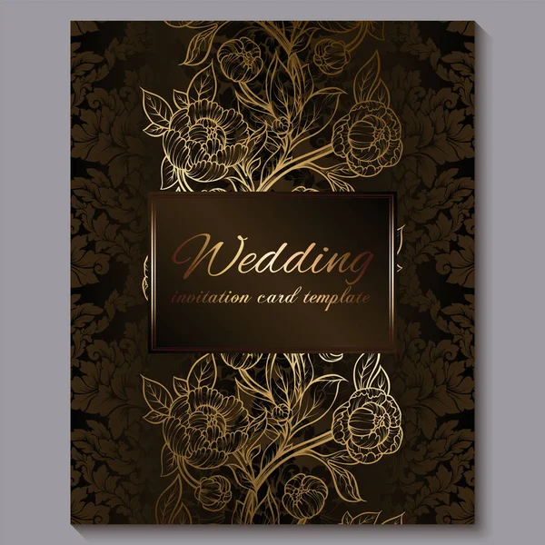 Exquisita invitación de boda de lujo real de chocolate, fondo floral dorado con marco y lugar para el texto, follaje de encaje hecho de rosas o peonías con degradado dorado brillante . — Vector de stock