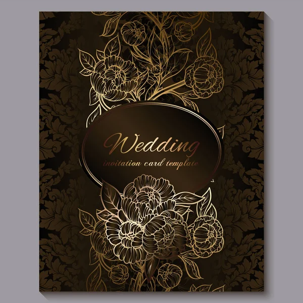 Exquisite chocolate royal luxury wedding invitation, gold floral background with frame and place for text, lacy foliage made of roses or peonies with golden shiny gradient. — Stock Vector