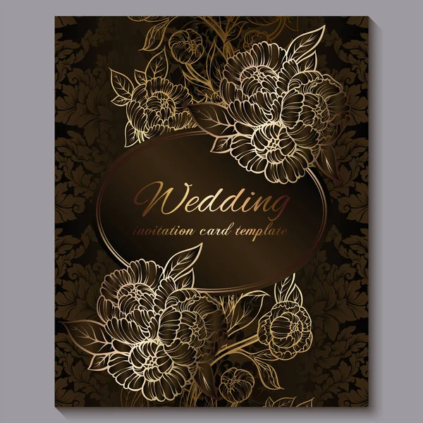 Exquise invitation de mariage de luxe royal au chocolat, fond floral doré avec cadre et place pour le texte, feuillage dentelle en roses ou pivoines avec dégradé brillant doré . — Image vectorielle