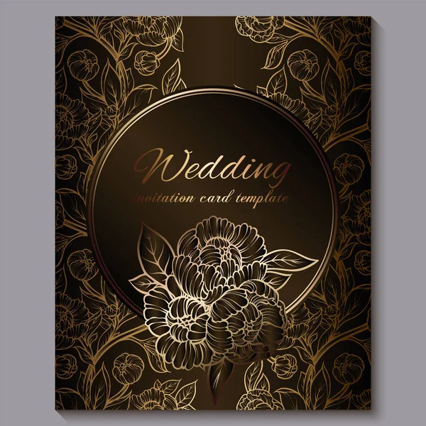 Utsökt choklad Royal lyx bröllop inbjudan, guld blommig bakgrund med ram och plats för text, Lacy lövverk gjorda av rosor eller pioner med gyllene glänsande lutning. — Stock vektor