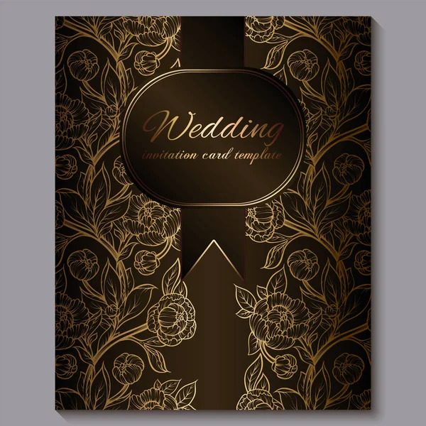 Exquisite chocolate royal luxury wedding invitation, gold floral background with frame and place for text, lacy foliage made of roses or peonies with golden shiny gradient. — Stock Vector