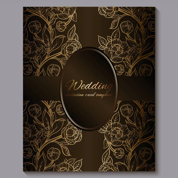 Chocolate requintado convite de casamento de luxo real, fundo floral de ouro com moldura e lugar para texto, folhagem rendada feita de rosas ou peônias com gradiente brilhante dourado . — Vetor de Stock