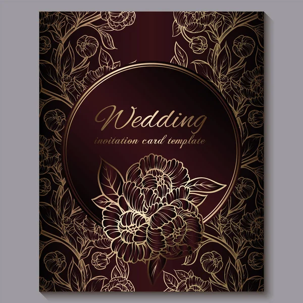 Exquisita invitación de boda de lujo real roja, fondo floral dorado con marco y lugar para el texto, follaje de encaje hecho de rosas o peonías con degradado dorado brillante . — Vector de stock