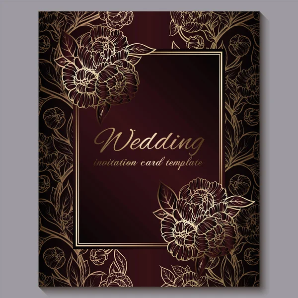 Exquisite red royal luxury wedding invitation, gold floral background with frame and place for text, lacy foliage made of roses or peonies with golden shiny gradient. — Stock Vector