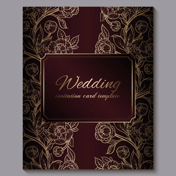 Exquisite red royal luxury wedding invitation, gold floral background with frame and place for text, lacy foliage made of roses or peonies with golden shiny gradient. — Stock Vector